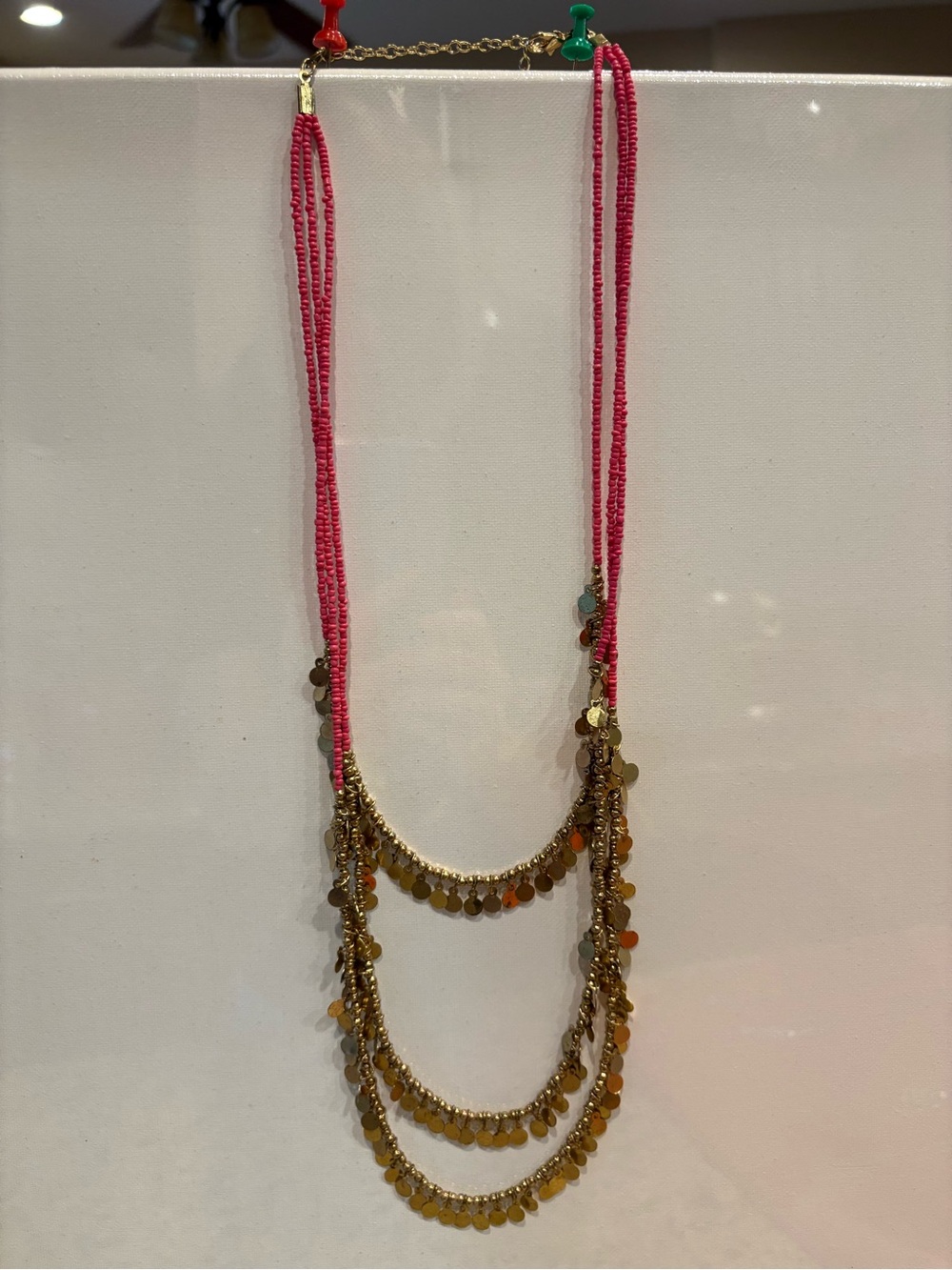 Multi-Strand Pink Beaded Necklace with Gold Discs